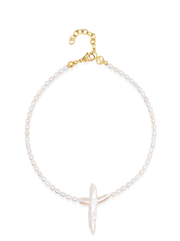 Nialaya Women's Necklace Pearl Cross Choker Pearl Cross Choker 15 Inches / 38.1 cm WNECK_314